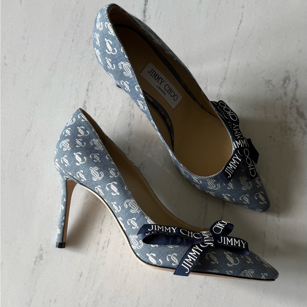 Jimmy Choo Monogrammed Blue Heels with Bow